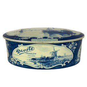 Vintage Droste Haarlem Holland Empty Tin Container Oval Blue White Designs